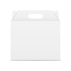 Paper сarton box with handle - front view. Present your design on this sample. Vector illustration