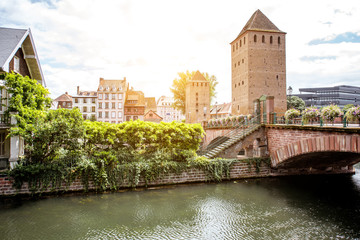 Landscape view on the old towers and bridge in Strasbourg old town, France