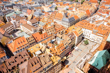 Fototapeta na wymiar Aerial cityscape view on the old town of Strasbourg city in France