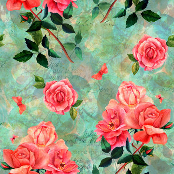 Vintage style collage with rose flowers and faded texts