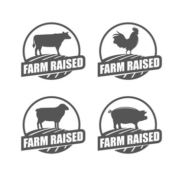 Farm raised stamps. Set of vector stamp with cow, rooster, lamb and pork. 