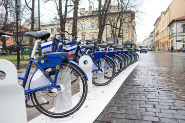 Blue bicycles in Krakow city center, Poland