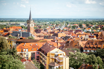 Fototapeta premium Cityscape view on the Obernai village during the sunset in Alsace region, France