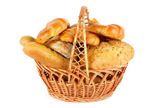 Bread in a wicker basket isolated on a white background