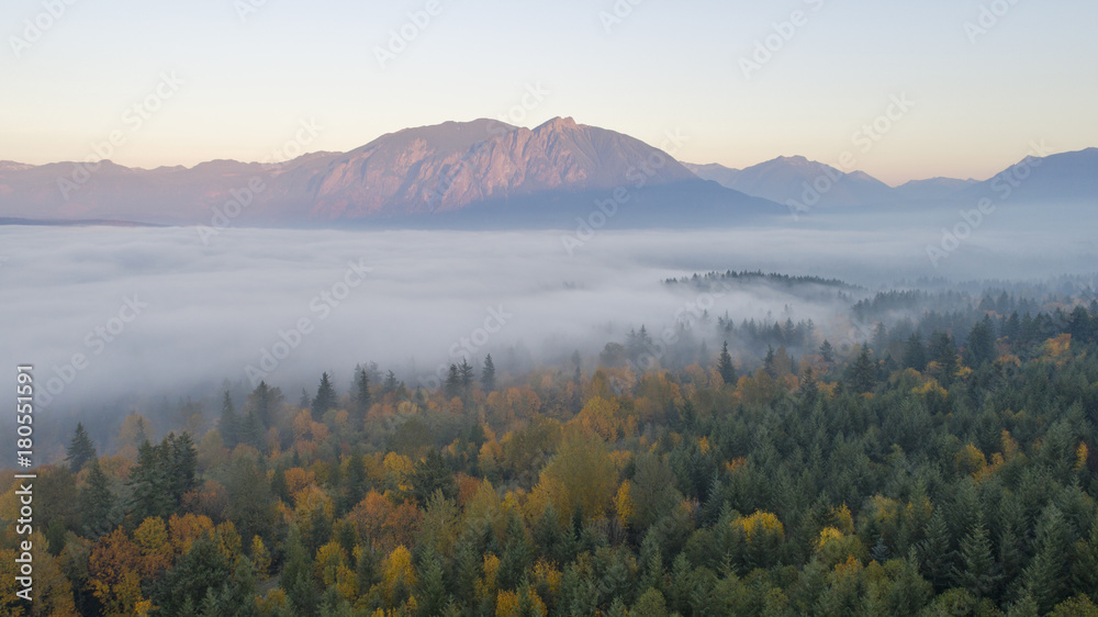 Wall mural snoqualmie valley, washington autumn pacific northwest forest landscape foggy cloud cover mount si