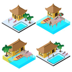 Isometric vector image set with bungalows, motorboats, swimming pools, sunbeds, umbrella, palm trees and people.