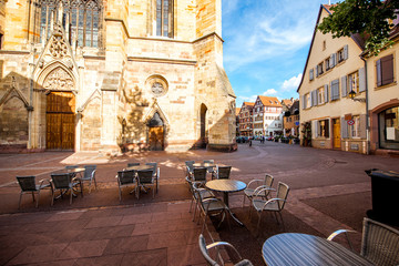 View on the saint Martins cathedral in the center of Colmar town during the sunny weather in Alsace region, France