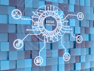 Edge computing circuit circle on blue cube background
