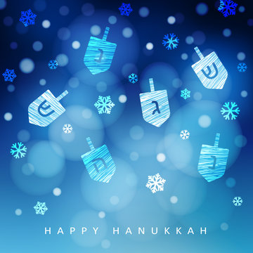 Hanukkah blue background with falling snow, light and dreidels. Modern festive blurred vector illustration for Jewish Festival of light holiday.