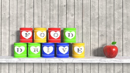 Food drive stacked cans on white wooden board