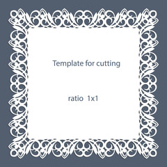 Greeting card with openwork border, paper doily under the cake, template for cutting, wedding invitation, decorative plate is laser cut, vector illustrations.