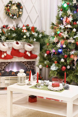 Decorated fireplace in home