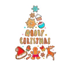 Merry Christmas and Happy New Year concept. Christmas tree from gingerbread. Cartoon style. Vector hand drawn illustration