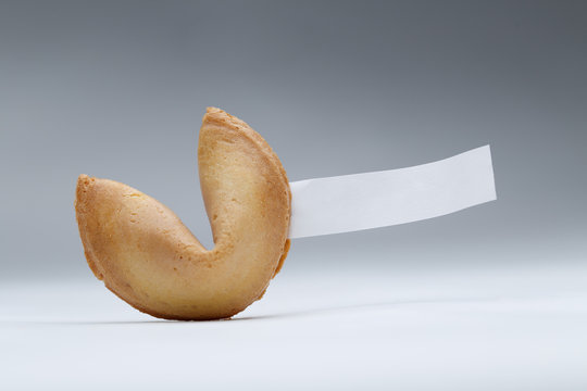 Photo of one Chinese cookie with wish on empty gray background