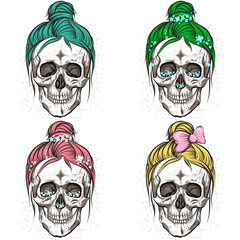 Girl's skulls. Fashionable hairstyles. Hanging curls. Set