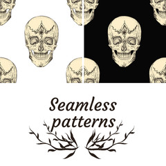 Skull and painting. Beautiful tattoos in Indian style. Seamless patterns