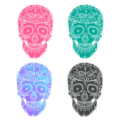 Skull and beautiful pattern. Small leaves and branches. Mexican style.