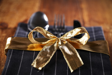 Closeup of fork spoon and knife. 
