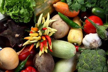 Fresh vegetables and herbs closeup.