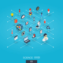 Science integrated 3d web icons. Digital network isometric interact concept. Connected graphic design dot and line system. Abstract background for laboratory research and innovation. Vector Infograph