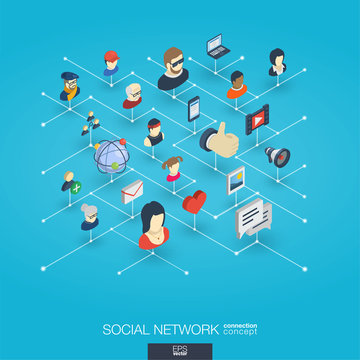 Society integrated 3d web icons. Digital network isometric interact concept. Connected graphic design dot and line system. Abstract background for social media, people communication. Vector Infograph