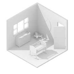 3d isometric rendering illustration of child bedroom