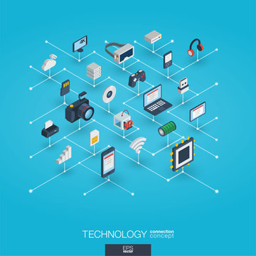 Technology integrated 3d web icons. Digital network isometric interact concept. Connected graphic design dot and line system. Background whith wireless printing and virtual reality. Vector Infograph