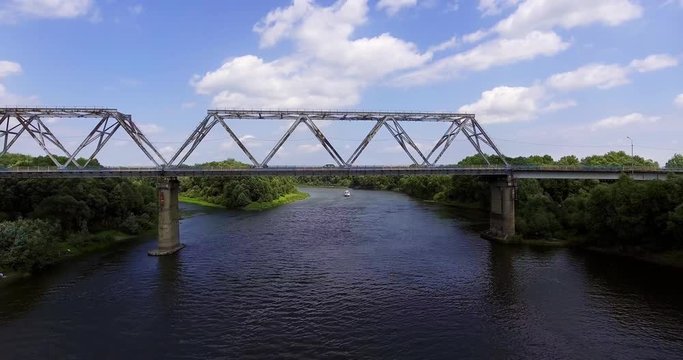Aerial view of the desna river. Aerial view of the motor bridge across the river