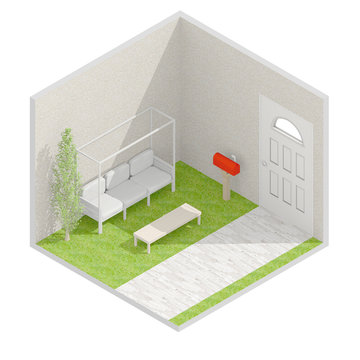 3d isometric rendering illustration of external garden patio with bench