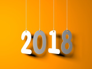 White word 2018 on orange background. New year illustration. 3d illustration