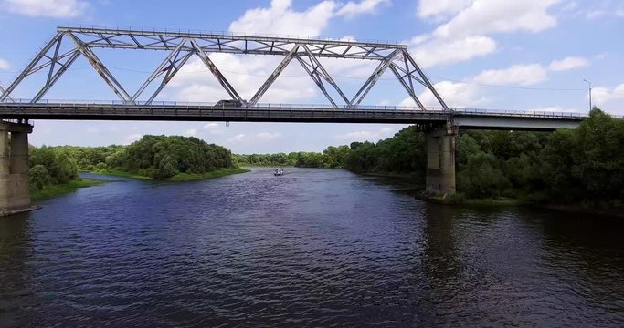 Aerial view of the desna river. Aerial view of the motor bridge across the river