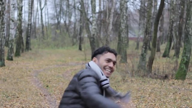 crazy guy running, jumping, happy, having fun