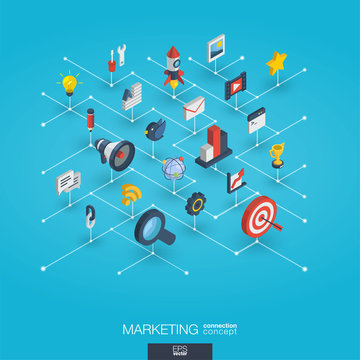 Market integrated 3d web icons. Digital network isometric interact concept. Connected graphic design dot and line system. Abstract background for seo optimization, web development. Vector Infograph