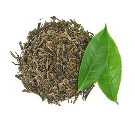 Top view of Green tea leaves with dried tea leaves