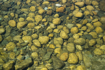 Green background of pebbles and stones under water 