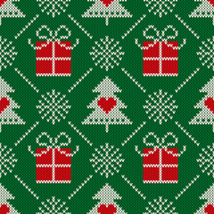 Christmas Seamless Knit Pattern with  Holiday Symbols: Christmas Trees, Snowflakes and Present Boxes. Scheme for Knitted Sweater Pattern Design or Cross Stitch Embroidery