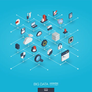 Bigdata integrated 3d web icons. Digital network isometric interact concept. Connected graphic design dot and line system. Abstract background for big data center, research, analysis. Vector Infograph