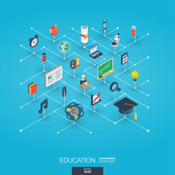 Education integrated 3d web icons. Digital network isometric interact concept. Connected graphic design dot and line system. Abstract background for elearning, graduation and school. Vector Infograph