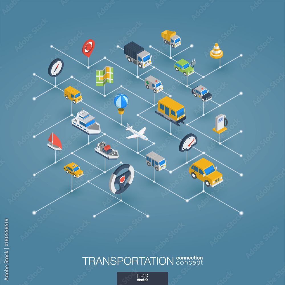 Wall mural transportation integrated 3d web icons. digital network isometric interact concept. connected graphi