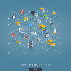 Transportation integrated 3d web icons. Digital network isometric interact concept. Connected graphic design dot and line system. Abstract background for traffic, navigation service. Vector Infograph