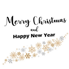Merry Christmas lettering with golden and silver ornaments and wreath decoration of stars, snowflakes. happy new year