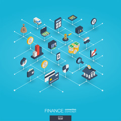 Finance integrated 3d web icons. Digital network isometric interact concept. Connected graphic design dot and line system. Abstract background for money bank, market transaction. Vector Infograph