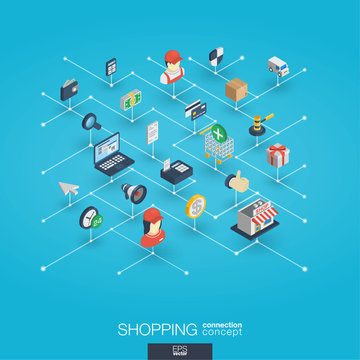 Shopping integrated 3d web icons. Digital network isometric interact concept. Connected graphic design dot and line system. Abstract background for ecommerce, market and online sales. Vector Infograph