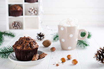 Christmas chocolate muffin and cocoa.