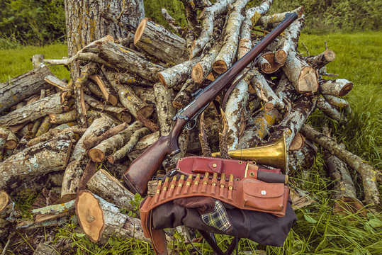 hunting concept/hunting rifle and ammunition on wood outdoors