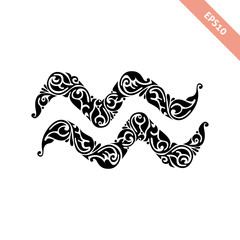 Hand drawn black ornate horoscope symbol - Aquarius. Zodiac icon.