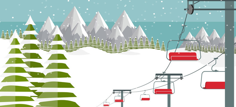 Ski resort, lift flat vector illustration. Alps, fir trees, mountains wide panoramic background. Ski hills, winter web banner design.