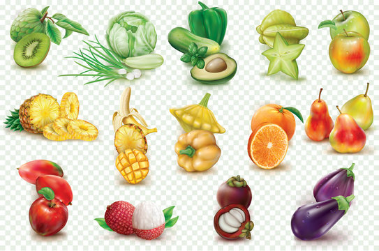 Colorful fruits and vegetables on a transparent background