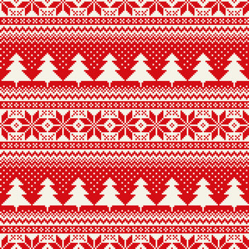 Winter Holiday Seamless Pixel Pattern with Christmas Tree and Snowflakes. Scheme for Cross Stitch Embroidery and Knitted Sweater Pattern Design