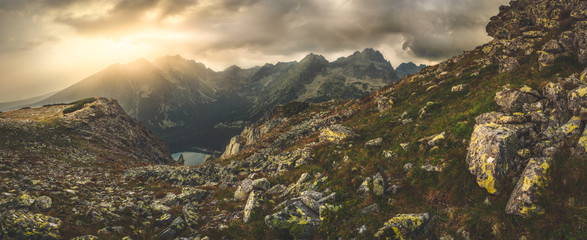 Naklejka premium Mountain Landscape Panorama with Poprad Tarn at Sunset, High Tatras, Slovakia